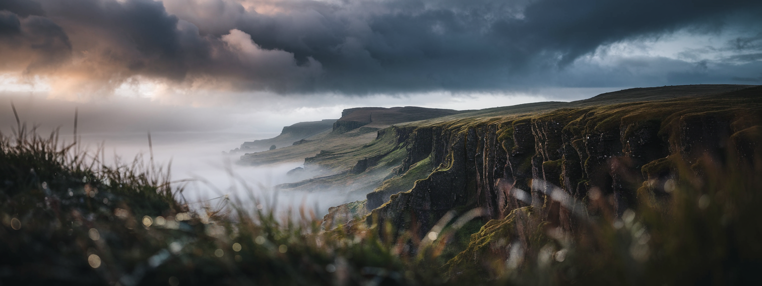 Beginner's guide to enhancing mood in landscape photography, showcasing texture and tones with a serene natural scene of a misty valley during golden hour, highlighting contrasting light, shadow, and depth.