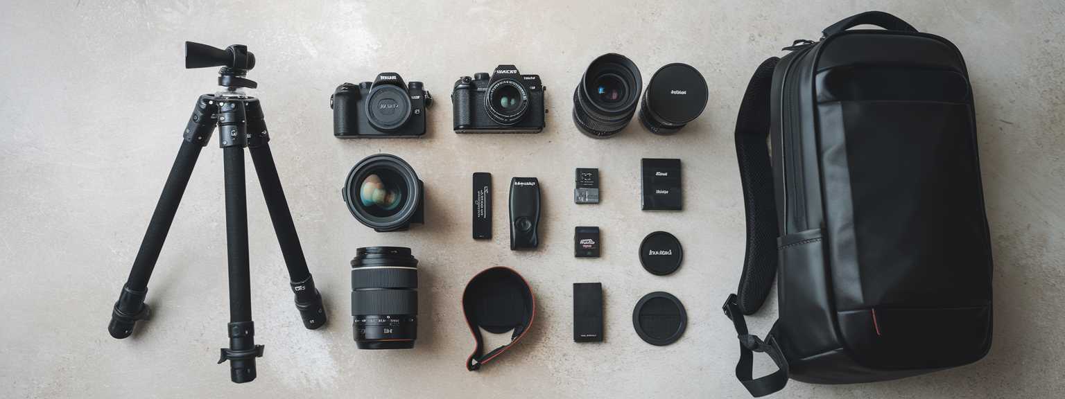 Photography gear essentials including camera, tripod, and lenses on a table.