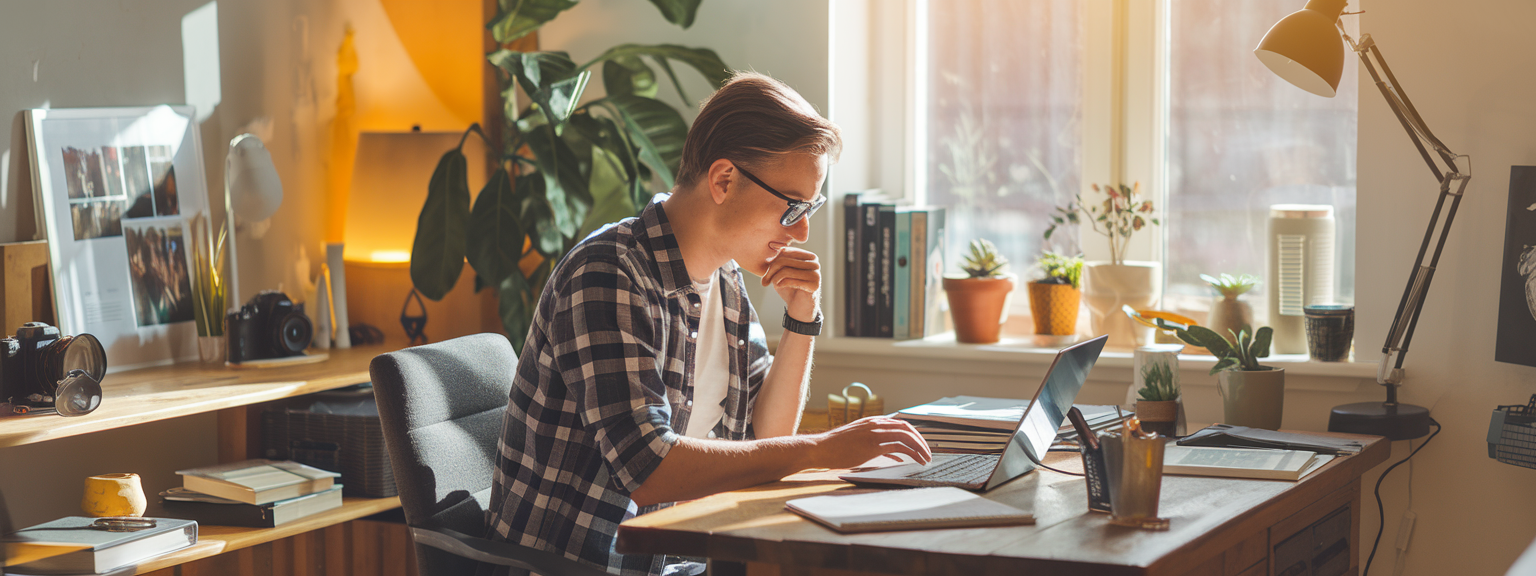 A person working happily on a laptop at home, illustrating the concept of turning passion into profit.