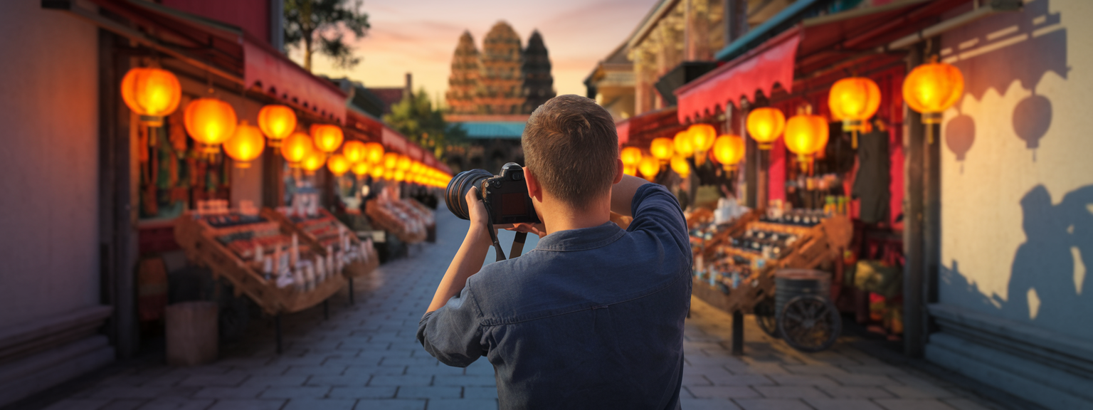 A traveler capturing a scenic mountain view with a camera highlighting travel photography.