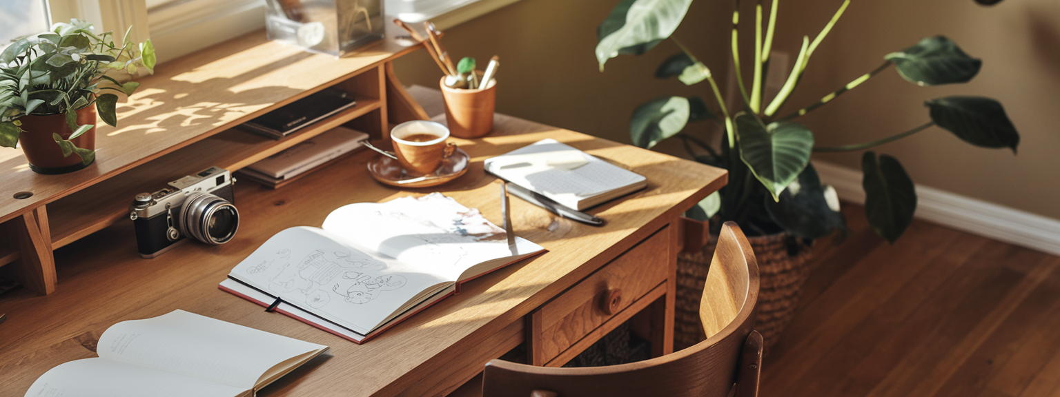 Person brainstorming at a desk with notebooks and sketches, symbolizing finding creative inspiration.