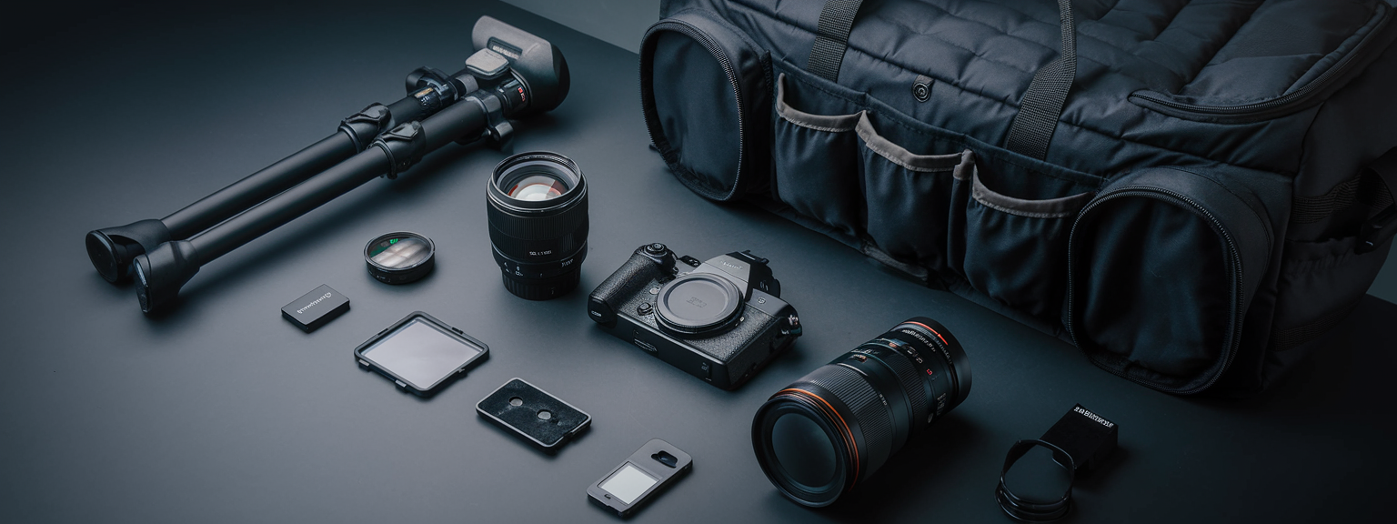A flat lay of photography gear essentials including cameras, lenses, tripod, and accessories neatly arranged.