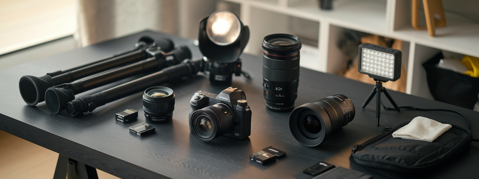 A flat lay of photography gear essentials including camera, lenses, tripod, and lighting equipment.