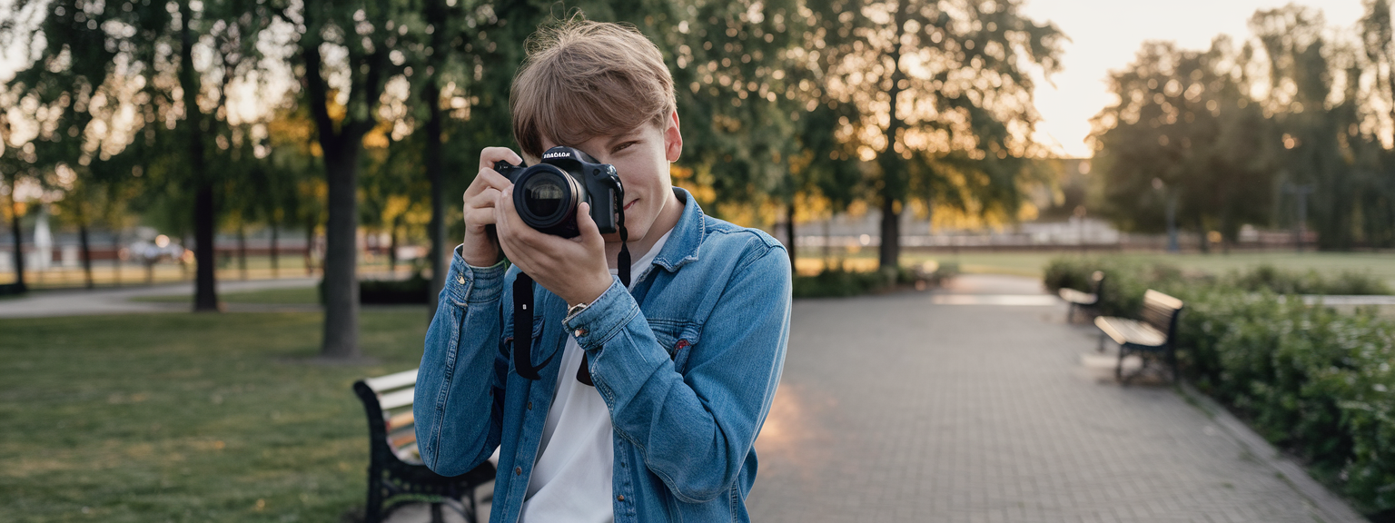 A beginner holding a DSLR while learning settings, representing getting started with camera.