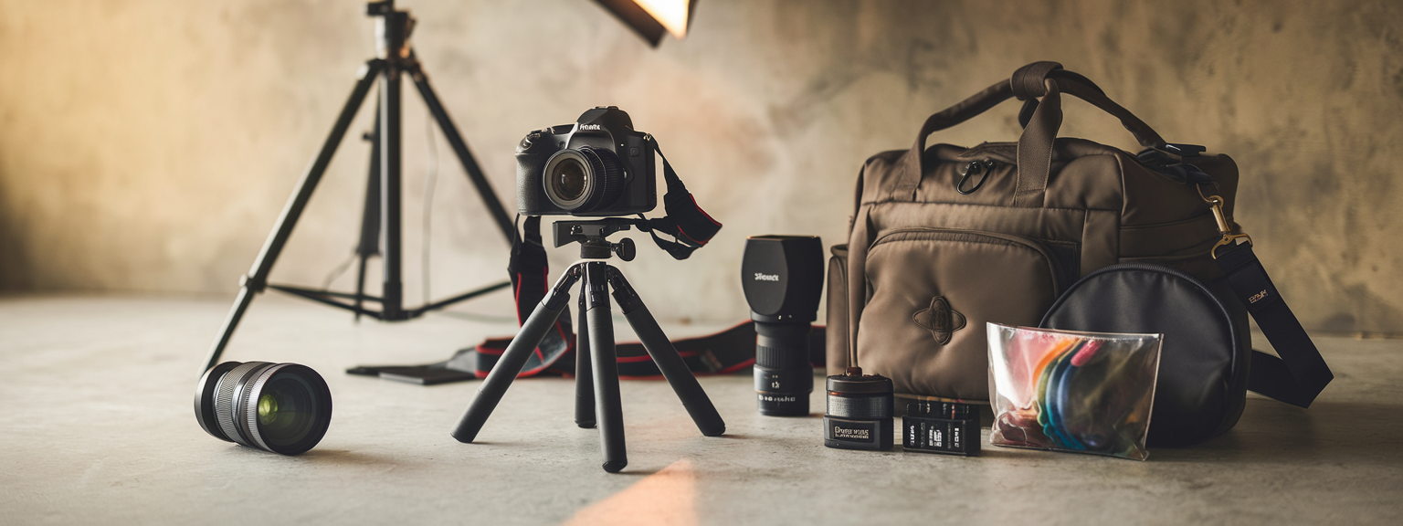 must-have photography gear laid out on table including camera, lenses, and accessories