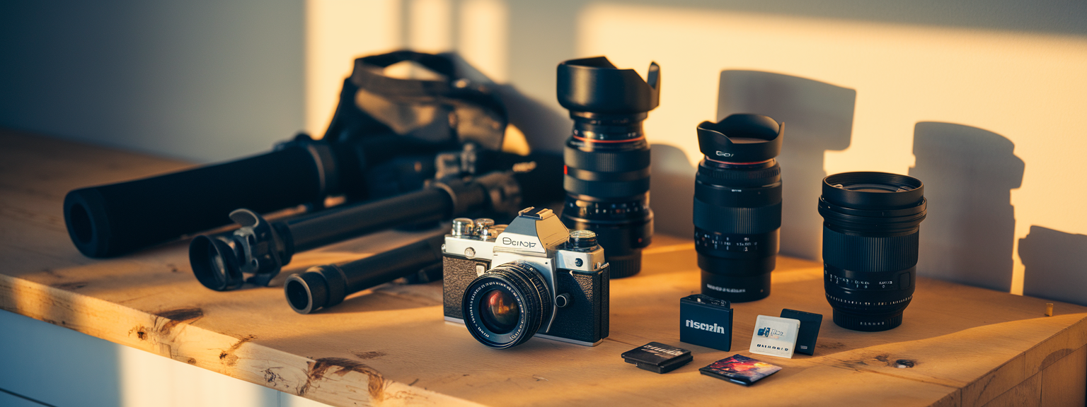 A professional photographer’s setup featuring must-have photography gear including camera, lenses, and tripod.