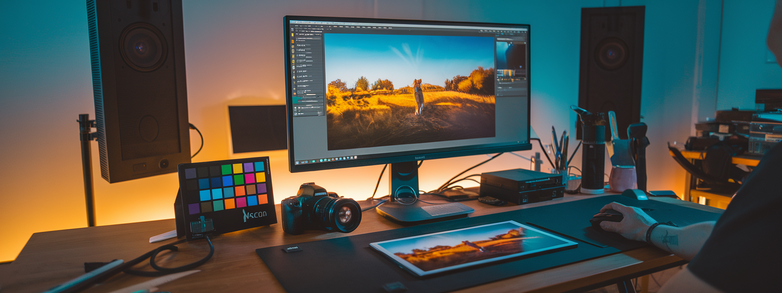 [Photographer editing RAW image on laptop showing before-and-after of post-processing essentials workflow]
