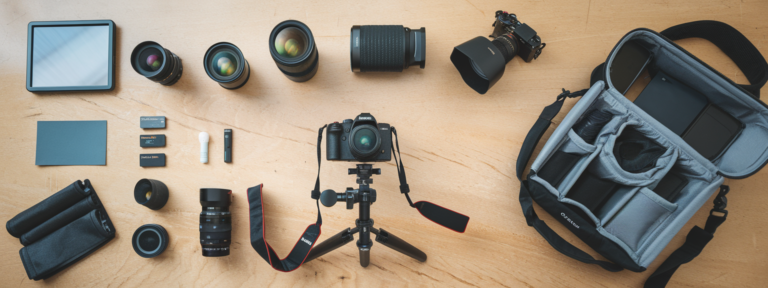 [Flatlay of must-have photography gear including camera, lenses, tripod, and lighting accessories]
