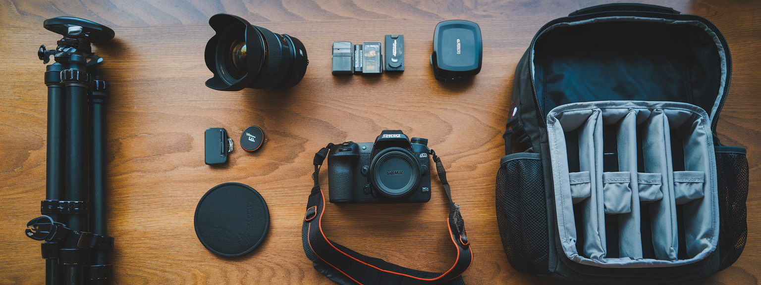 [Flat lay of essential photography gear: camera, lenses, tripod, and camera bag]