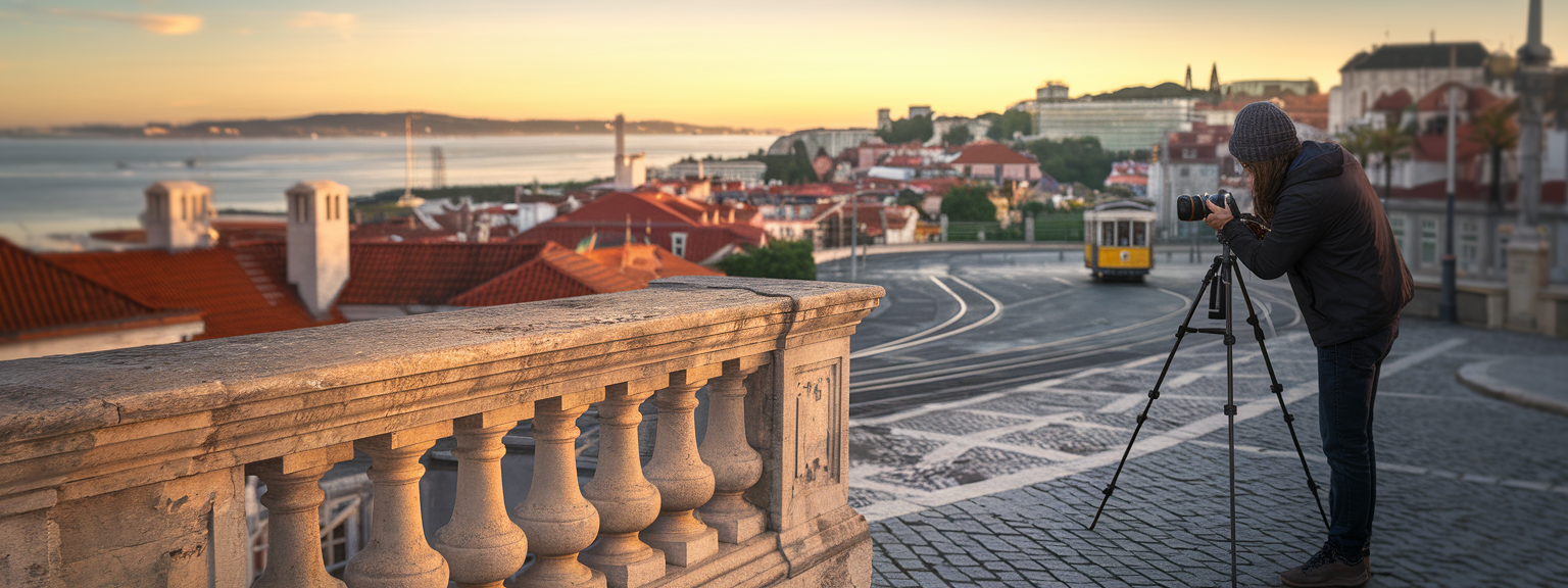 [Photographer shooting a sunset over coastal cliffs demonstrating travel photography tips]