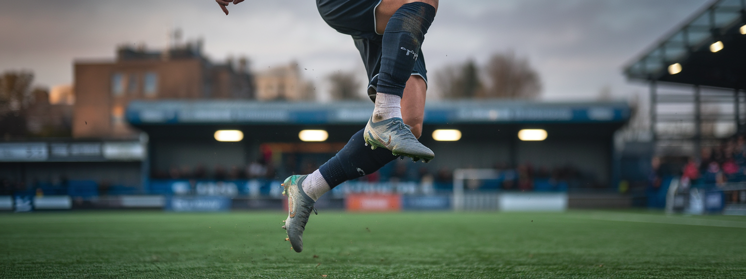 Soccer player mid-air kick captured as dramatic Action Shots with motion blur and stadium lights