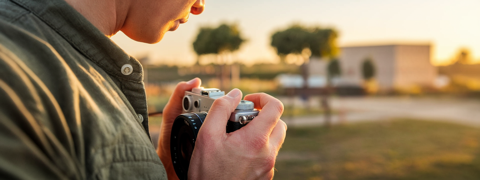 [Beginner photographer adjusting camera settings while learning how to get started with camera]