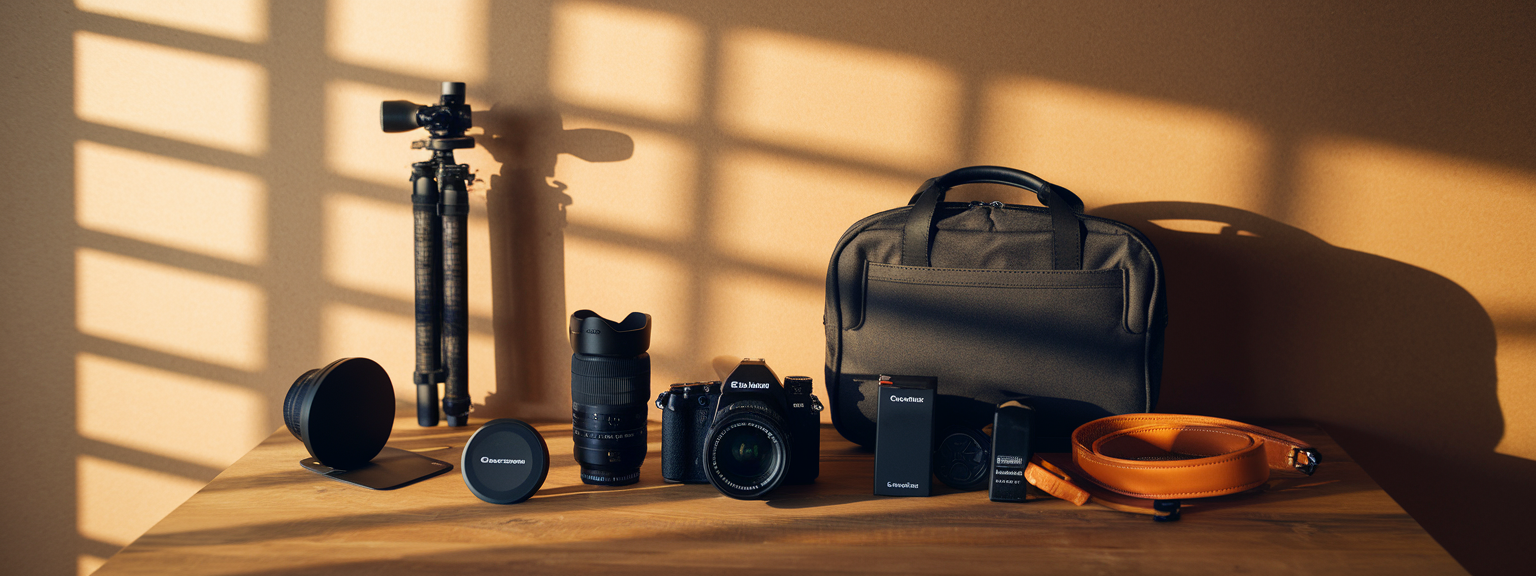 Overhead photo of essential must-have photography gear including camera, lenses, tripod, memory cards, and camera bag