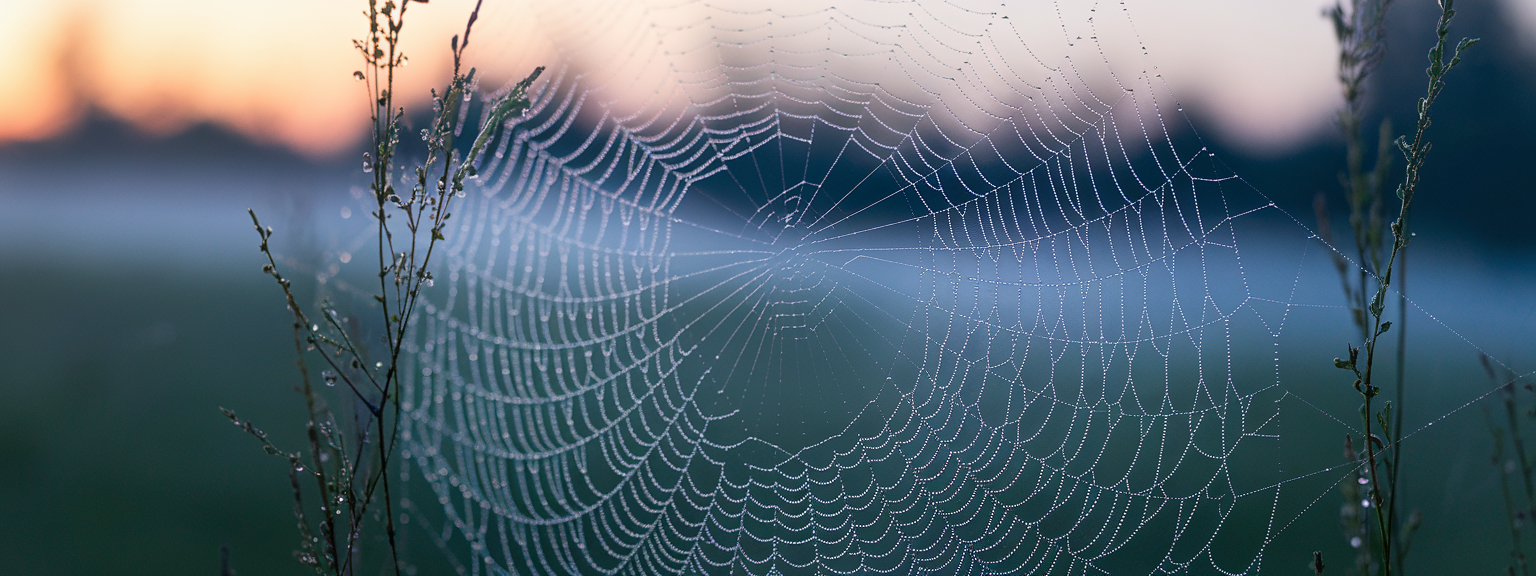 Close-up of a dew-covered spiderweb captured with macro photography revealing fine threads and water droplets.