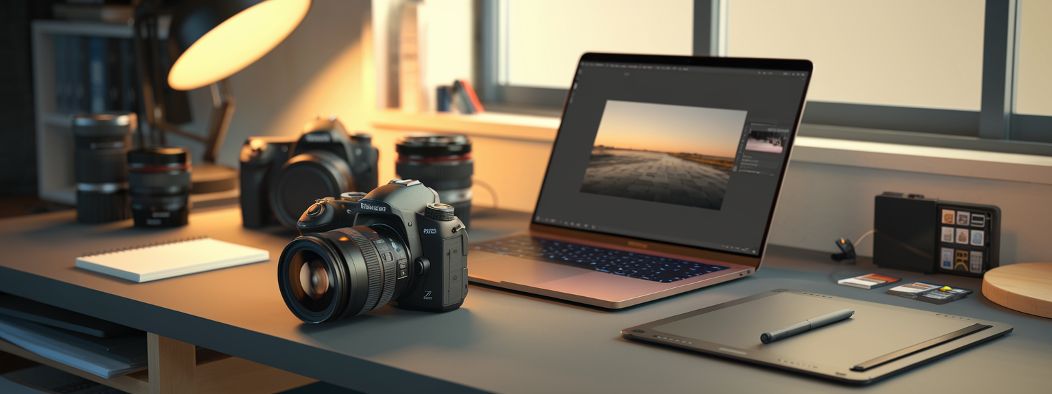 Photographer editing images on a laptop, demonstrating post-processing essentials like color grading and noise reduction